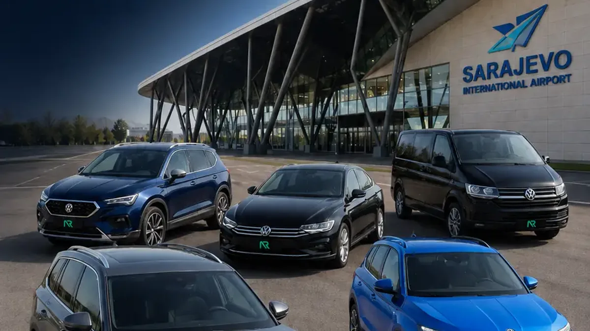 AR Rent a Car fleet lined up in front of Sarajevo International Airport terminal
